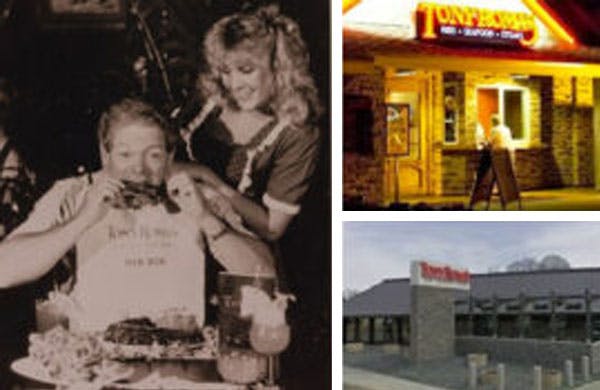 Three pictures First picture is a man-eating ribs while a woman is tying a bib around his neck. Second picture is a picture of the outside entrance of a Tony Roma’s (location unknown). Third picture is a picture of the outside of a Tony Roma’s including the logo signage (location unknown).
