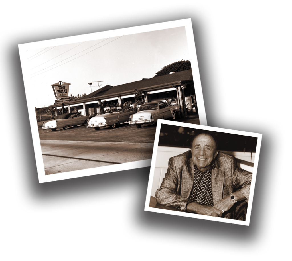 Two pictures Picture one is a picture of the outside of the first Tony Roma’s restaurant located in the city of Miami with 1950’s cars parked on front. Second picture is a picture of Tony Roma.