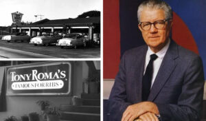 Three pictures Picture one is a picture of the outside of the first Tony Roma’s restaurant located in the city of Miami with 1950’s cars parked on front.