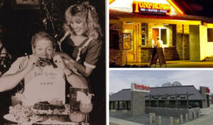 Three pictures First picture is a man-eating ribs while a woman is tying a bib around his neck. Second picture is a picture of the outside entrance of a Tony Roma’s (location unknown). Third picture is a picture of the outside of a Tony Roma’s including the logo signage (location unknown).