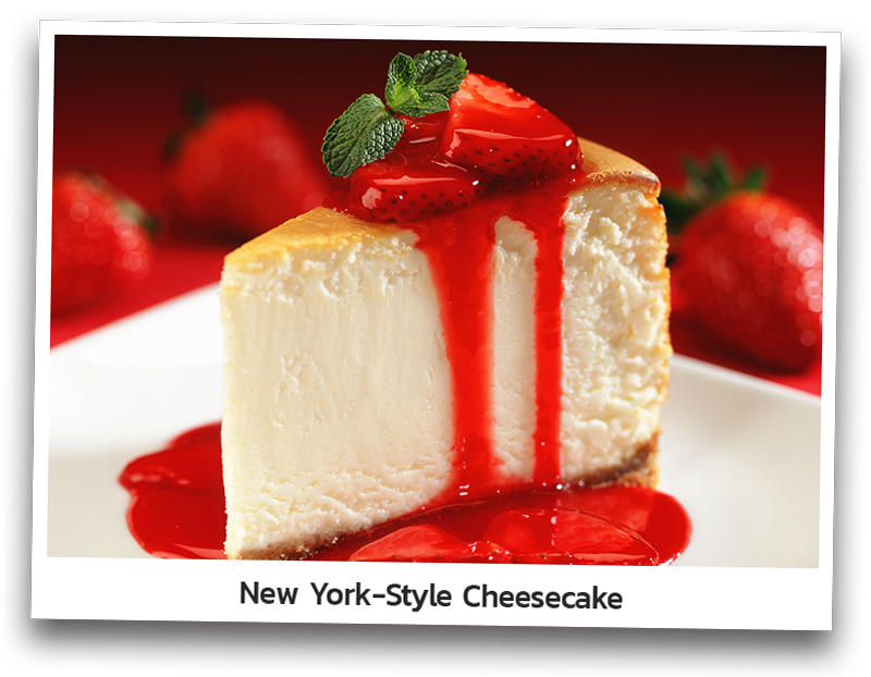 Picture the New York style cheesecake served with your choice of fresh strawberry sauce and topped with sliced strawberries.