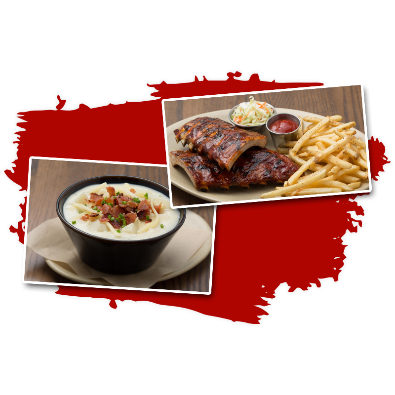 Two pictures. First picture – Baby Back ribs, Tender, lean pork loin basted in Original BBQ sauce. Served with coleslaw, fries and ketchup and presented on an oval plate. Second picture is the classic potato soup topped with cheddar cheese, bacon and chives and presented on a small bowl.