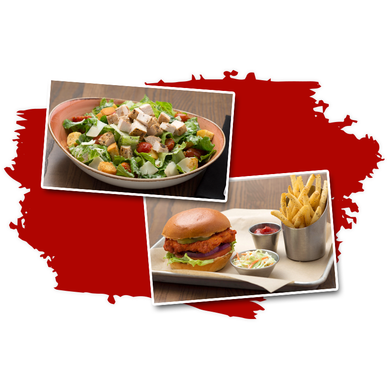 Two pictures. First picture consists of the Chicken Caesar Salad which includes of roasted chicken breast served with Romaine, roasted tomatoes, croutons, Asiago cheese and Caesar dressing. Second picture is a picture of the Nashville Chicken Sandwich that consist of Crispy chicken breast tossed in Nashville hot sauce and topped with lettuce, tomato, red onion, and pickles placed between a hamburger bun. Served with a side of French fries, coleslaw and ketchup.